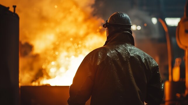 Worker at a steel mill observing molten metal during nighttime operations near the furnace - Powered by Adobe