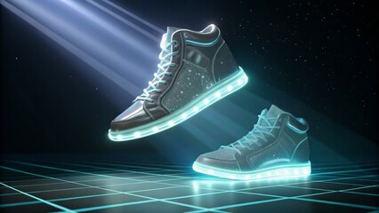 Futuristic hightop sneakers with glowing soles floating on a dark surface