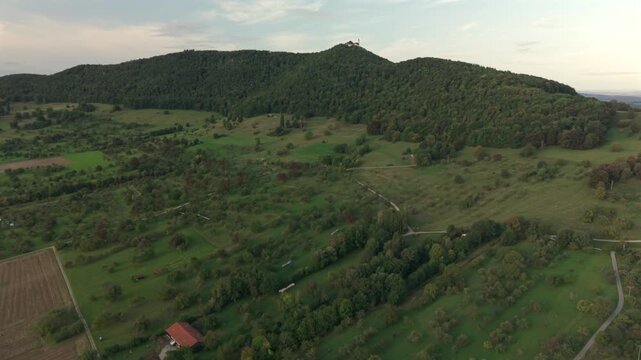 A flight above Dettingen Teck towards the Castle Teck which is located high above the mountain 