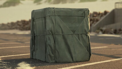 A green cube stands alone on a deserted coastal road, surrounded by rocky terrain and soft sand. The golden hour casts a warm glow, creating a serene yet enigmatic scene.