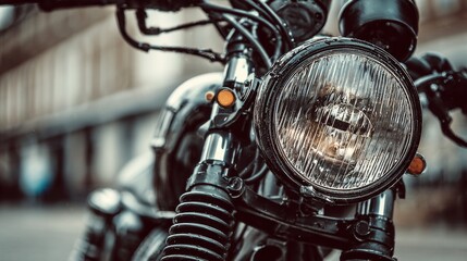 Fototapeta premium Close-up shot of vintage motorcycle headlight. Custom retro chopper or scrambler bike with copy space.
