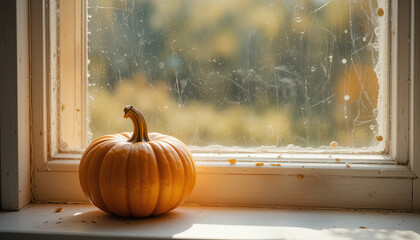 Warm sunlight shines on a small pumpkin resting by a window in autumn