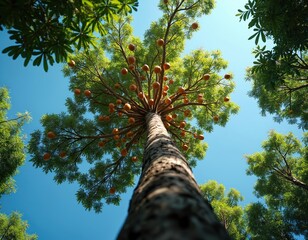 Looking up tall tree trunk towards bright blue sky. Green leaves, many round orange fruits hang from branches. Sunlight filters through canopy in tropical forest environment. Nature beauty, healthy