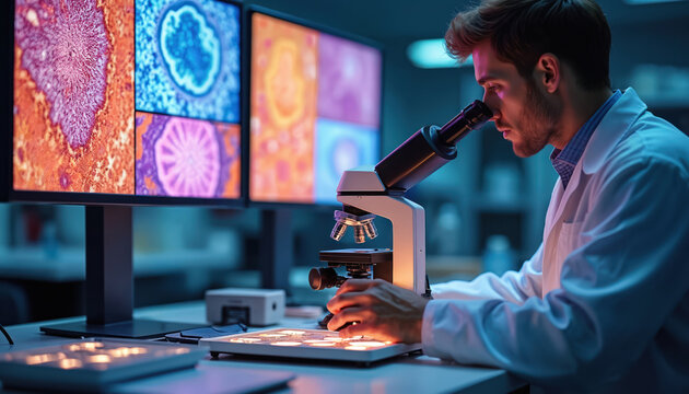 Scientist uses microscope in modern lab looking at colorful cell samples displayed on computer monitors. Pathologist examines slides for medical research and diagnosis.