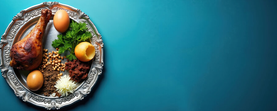 Ornate silver Seder plate holds traditional symbolic foods. Roasted lamb shank bone, hard boiled eggs, charoset, karpas, bitter herbs carefully arranged for ritual. Important meal prepares Jewish