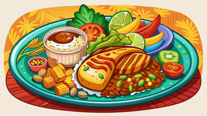 Very beautiful semi-realistic vector illustration of a Casado dish, featuring grilled chicken served with rice, beans, salad, fried plantains, and a colorful assortment of accompaniments, presented on
