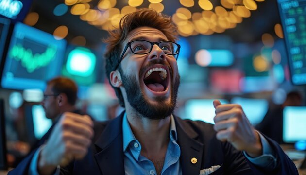 Young male stock trader shouts in joy, fists clenched. He celebrates big market success, made huge profit from investments at a busy trading floor. Financial expert is very happy, excited.