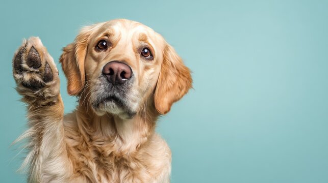 Cute purebred golden retriever Labrador raising paw, full body portrait on light pastel blue background. Pet care and canine breed concept.