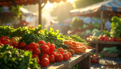 Sunlit farmer's market scene with fresh produce, vibrant colors, and shoppers