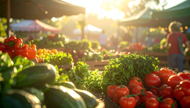 Sunlight illuminates a vibrant outdoor market with fresh produce and bustling activity - Powered by Adobe