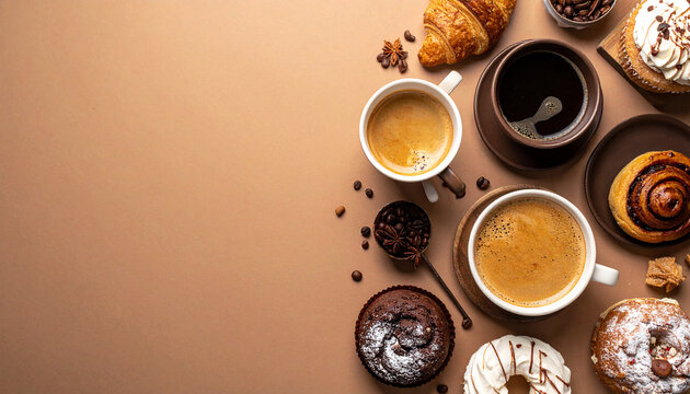 coffee cups and sweet desserts on a pastel brown background