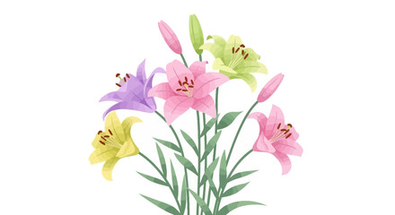 Pastel Lilies Bouquet A Delicate Floral Arrangement with Pink, Purple, Green, and Yellow Lilies on a White Background