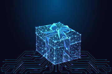 Futuristic glowing gift box on circuit board, digital holiday e-commerce vector illustration
