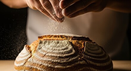 Baker dusting flour on freshly baked artisan sourdough bread loaf, close up shot