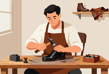 A shoemaker, wearing an apron, hammers a shoe on a table with tools. A shelf shows a boot and leather