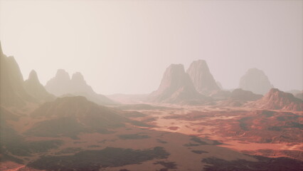 Naklejka premium Stunning red and orange rocky terrain stretches across the horizon as soft light complements the rugged peaks. A serene atmosphere captures the beauty of dusk in this remote desert setting.