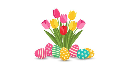 A cheerful Easter composition with a vibrant bouquet of pink and yellow tulips and intricately decorated eggs, perfect for a spring holiday greeting