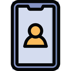 Simple illustration of a smartphone displaying a generic user profile icon with a light blue screen and dark blue bezel set against a transparent background