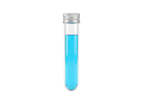 Clear Glass Test Tube Containing Blue Liquid With Silver Cap Studio Shot Isolated On Black Background