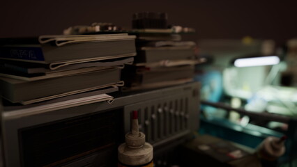 A collection of stacked notebooks rests atop an old device in a dimly lit workspace. Tools and clutter surround them, hinting at creative efforts and inspiration in progress.