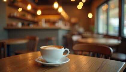 Cup of coffee on wooden table at blurred cafe. Cozy interior. Coffee break, relax, meeting friends concept. Warm lights give inviting ambience. Modern style coffeehouse with tables chairs.