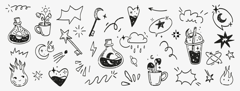 Magical doodles featuring potion bottles with moon, stars and sun, cosmic heart universe, celestial symbols, clouds, star key, sparkles and whimsical fantasy elements for stickers and creative design.