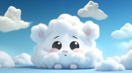 Obraz premium Cute fluffy cloud cartoon character with big eyes against a blue sky, adorable 3D render illustration for children's designs and happy themes.