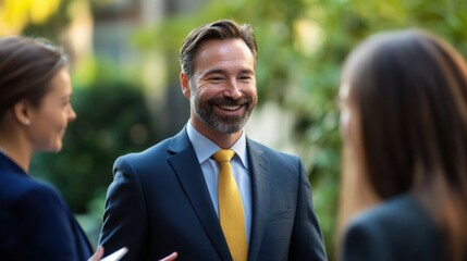 Smiling businessman engaged in an outdoor meeting with colleagues in a park