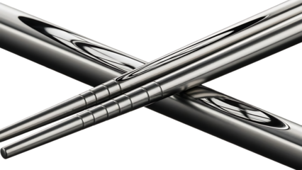 Close up view of crossed metal chopsticks with textured grip and reflective surface in soft lighting