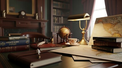 Vintage Study Scene with Books, Globe, and Warm Lighting.