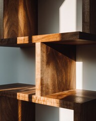 Modern Hardwood Shelves with Dramatic Sunlight and Geometric Shadows, Minimalist Interior Design.