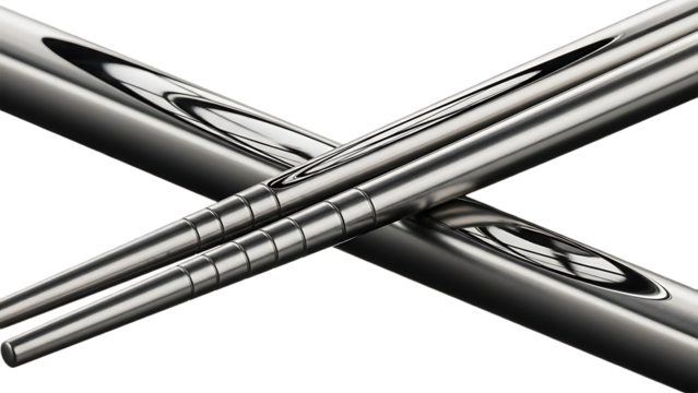 Close up view of crossed metal chopsticks with textured grip and reflective surface in soft lighting