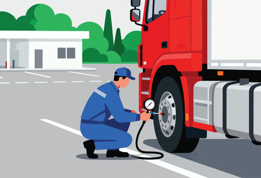 An illustrated worker in blue overalls checks truck tire pressure with a gauge at a gas station