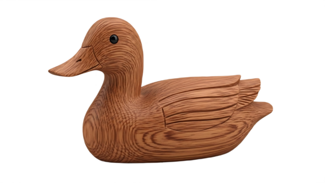 A wooden duck figurine with visible wood grain and a smooth finish on a black background