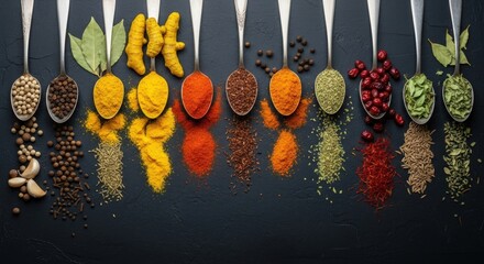 Culinary spices and herbs in spoons offer vibrant flavors for unique recipes today.