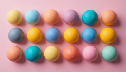Colorful bath bombs arranged neatly on a pink background for a relaxing spa experience