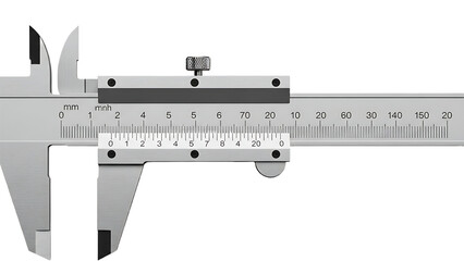 A close up view of a silver metal vernier caliper with measurement scales against a black background