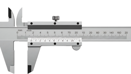 A close up view of a silver metal vernier caliper with measurement scales against a black background