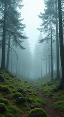 Obraz premium View of a path through a forest with moss on the ground