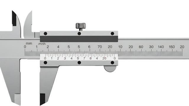 A close up view of a silver metal vernier caliper with measurement scales against a black background