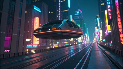 Futuristic flying car glides through a vibrant neonlit cityscape at night