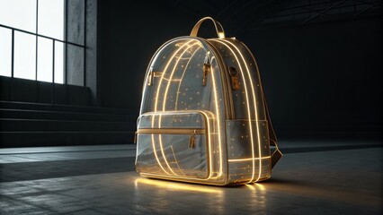 Futuristic backpack with golden accents standing in a dark room with window