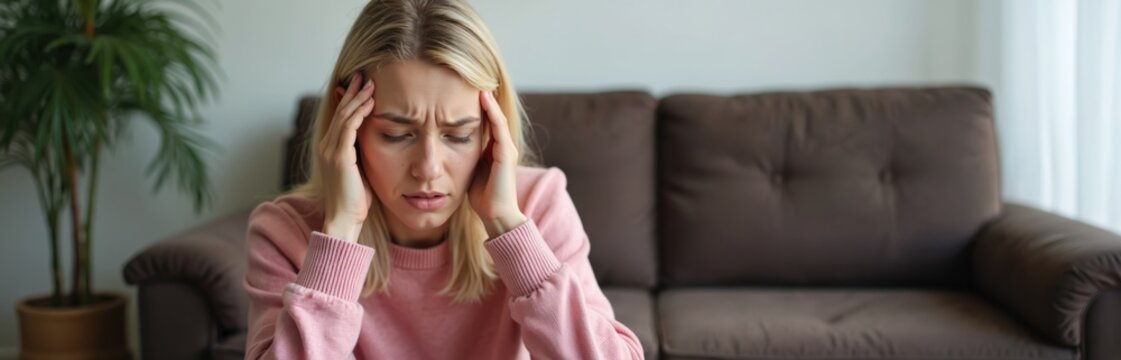 Young blonde woman suffers bad headache, stress at home. Holds temples feeling pain. Female struggles with discomfort indoors. Lady needs rest, relief from migraine tension. Person looks tired,