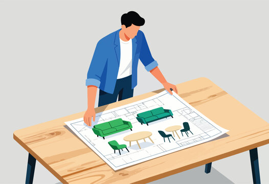 An illustration shows a person reviewing a blueprint for interior design, featuring furniture layouts on a wooden table