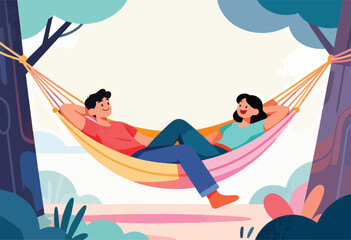 Two people relax in a hammock strung between trees, with a light-filled background of plants and clouds