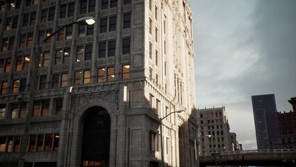 Dramatic evening light casts shadows on a historic building while modern skyscrapers rise nearby. City life thrives around this beautiful blend of old and new architecture.