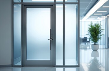 Fototapeta premium Modern office entrance with frosted glass door and clear window panel. Interior hall features sleek design, bright lights, and a potted plant. Clean space offers glimpse into meeting room.