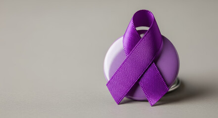 Epilepsy awareness month display with purple ribbon on gray surface, symbol for support and understanding. During Epilepsy awareness month, show support with this ribbon,