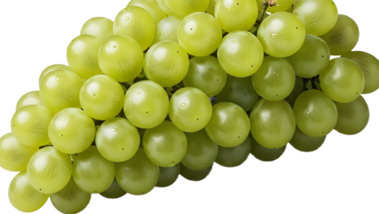 A close up view of a bunch of green grapes with a stem attached to the top right corner
