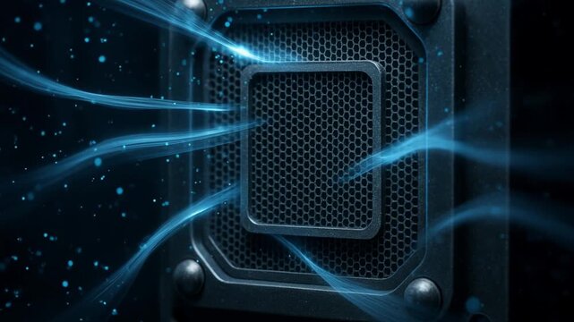 recycling carbon process solutions concept. Abstract depiction of sound waves emanating from a speaker grille in a dark setting.